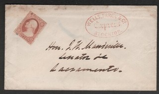 (FP) Imperf Washington 3c on Cover Red Wells Fargo & Co Express Stockton H/S