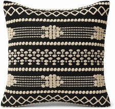Handmade Tufted Cushion Cover 45×45 cm ? Black & Cream Boho Decorative Pillo