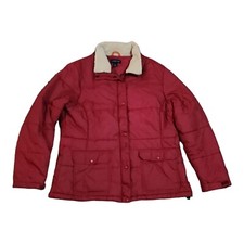 Lands End Red Quilted Nylon Coat Jacket Girls Large 14-16 Faux Sherpa Collar