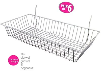 ONLYHANGERS 6 pcs - 24" x 12" x 4" Baskets for Gridwall/Slatwall/Pegboard - WHITE