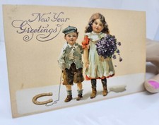 Vintage New Year Greetings Post Card Boy Girl 2 1/2 Cent Unused