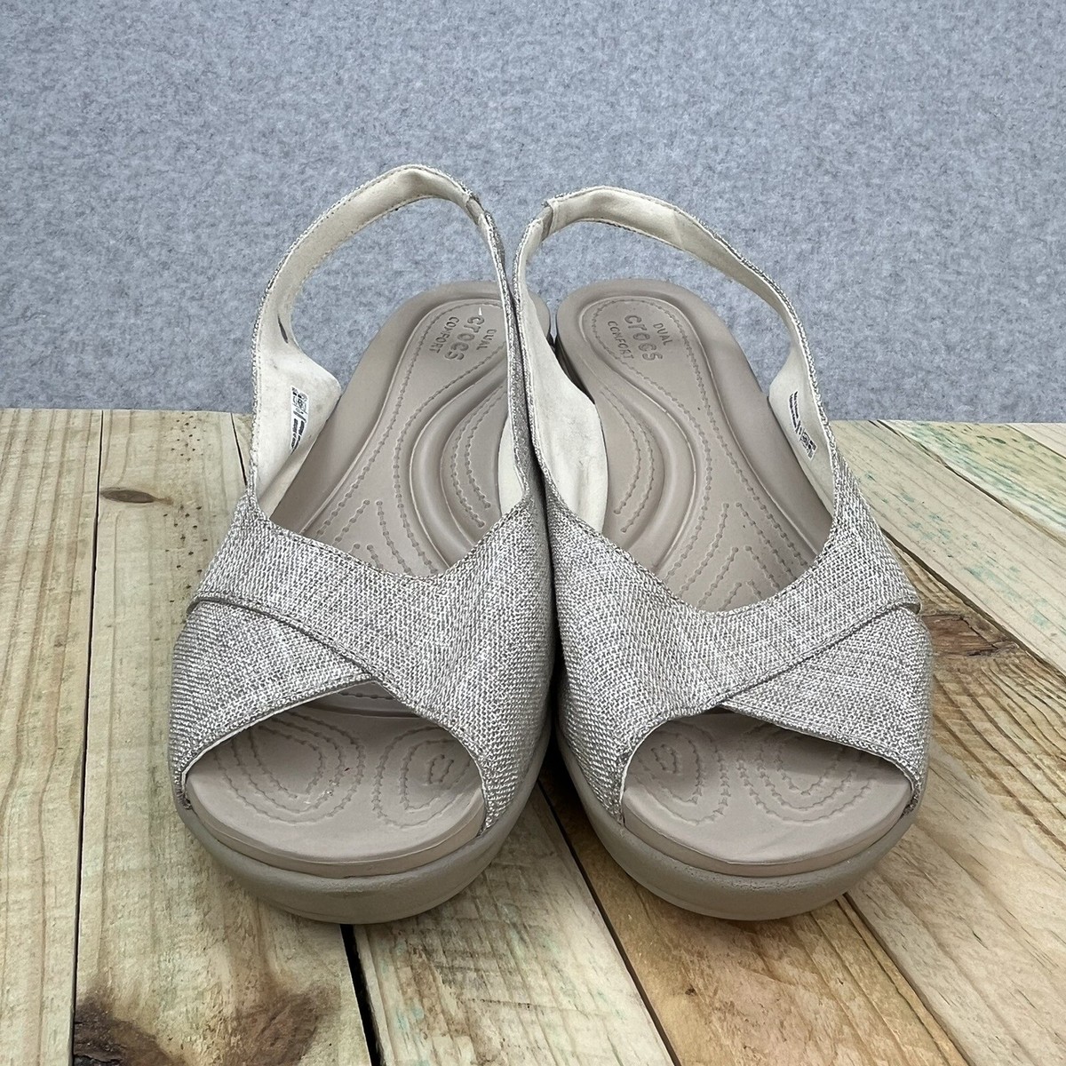 Crocs Leigh Ann Slingback Wedge Heels Womens Sz 10 Beige Fabric