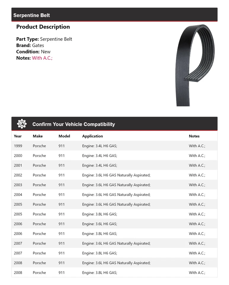 For 1999-2008 Porsche 911 Serpentine Belt Gates 2000 2001 2002 2003 2004 2005 - Image 2 of 4