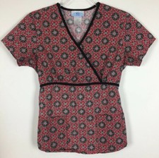 SB Scrubs Scrub Top Size XS Red Black Diamond Floral Nursing Medical Uniform