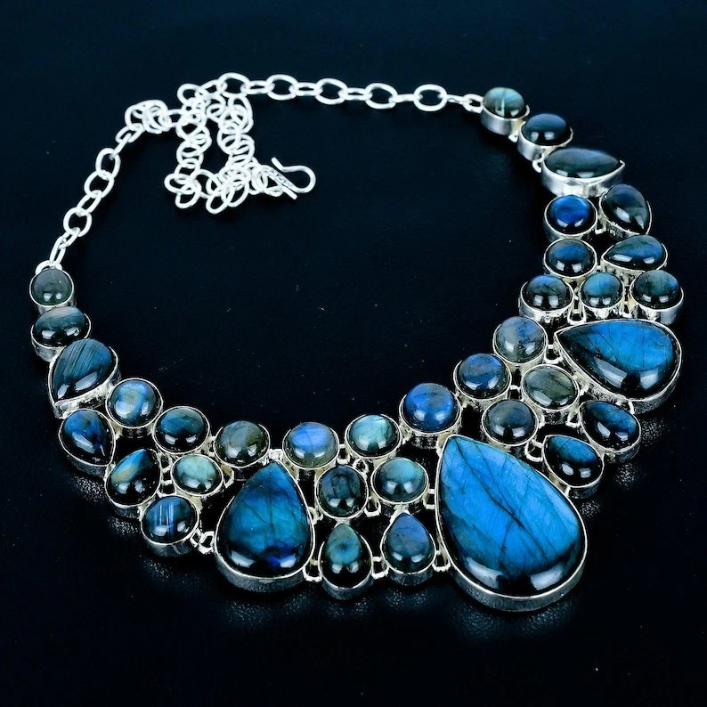 Collar de joyería de plata de ley 925 hecho a mano con piedras preciosas de labradorita talla 17-18" Foto 2 de 4