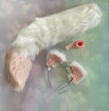 Fluffy Cat Tail Ears Set 25" Pink White Faux Fur Kawaii Cosplay Costume