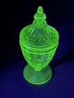 Depression Glass Uranium Green Hazel Atlas Colonial Block Candy Jar W/ Lid MINT