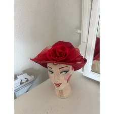 Vintage Women s Red 100 Straw Wide Brim Hat with Rose and Tulle Accent