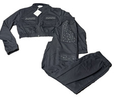 Be Lux Sweatsuit Set Womens Medium M Black Rhinestone Crop Top High Waist Sweats