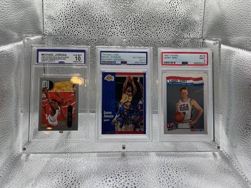michael jordan / Magic Johnson Auto / Larry Bird 3 Card PSA In Acrylic Slab