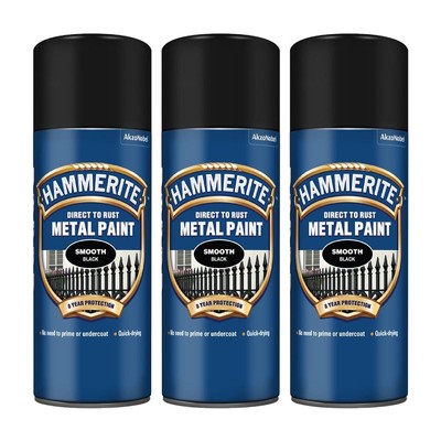 3X Hammerite Smooth Black Aerosol Direct to Rust Metal Spray Paint 400ml 