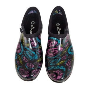 Sloggers Womens Waterproof Garden Shoes Black w Swirls Slip On Size 7