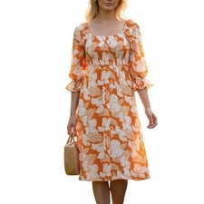 Sugar + Lips Floral Smocked Midi Dress Small Orange White Cottagecore Boho