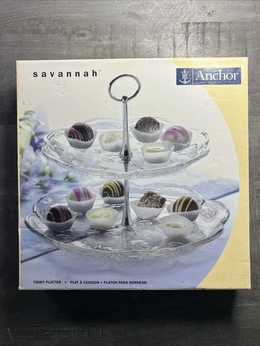 Vintage Anchor Hocking Savannah 2 Tier Glass Tidbit Plate Display Stand 10"x12”