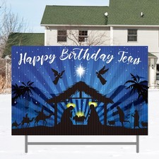24 Inch Christmas Holy Nativity Yard Sign with Stakes Happy Birthday Jesus La...