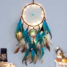 Dream Catcher Blue Tree of Life with Feathers, Mobile LED Fairy Lights Handmade 