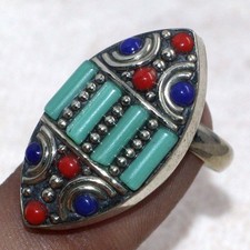 Tibetan Turquoise Red Coral Nepali Tribal Gemstone Ring US FreeSize MJ