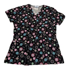 SB Scrub Top Women  s Small Black Flowers Colorful Floral Pockets Cotton Uniform