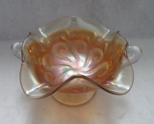 Dugan Carnival Glass Marigold QUESTION MARK Two-handle Pedestal Bonbon/Bowl