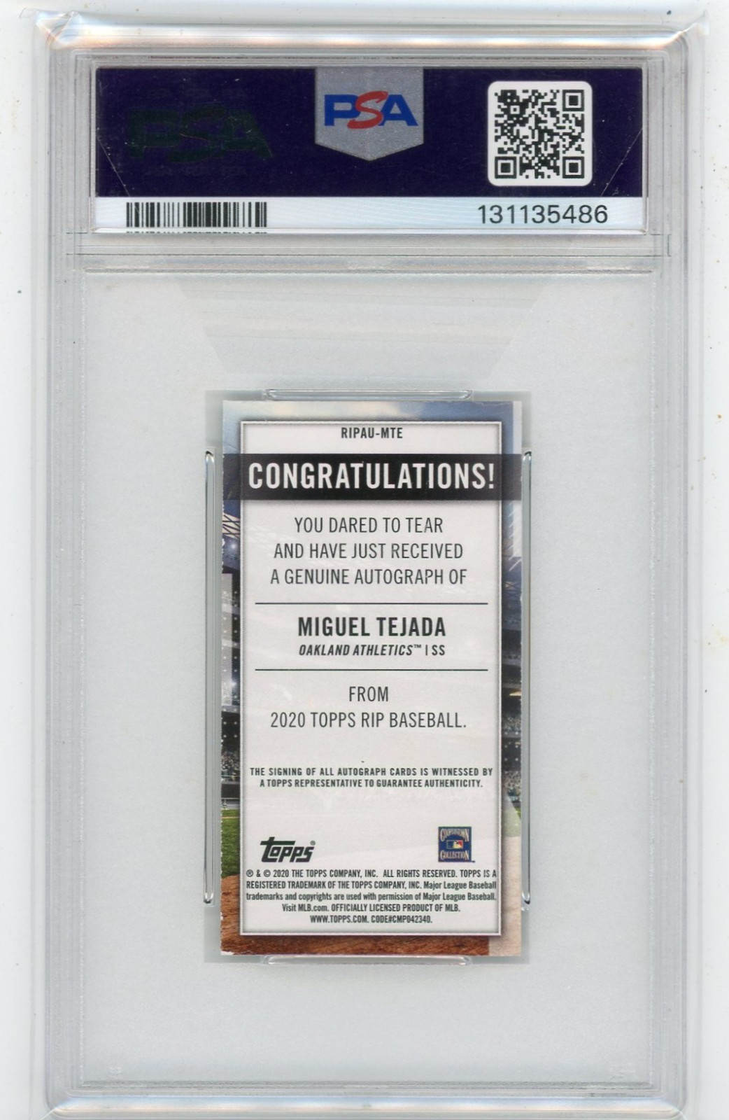 2020 Topps RIP Miguel Tejada Mini Autographs Auto #RIPAUMTE 15/25 NM-MT PSA 8 view 2
