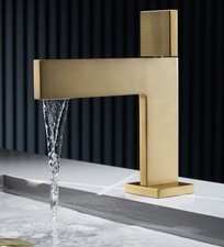 Grifo de baño moderno de latón cepillado dorado satinado estilo cascada nuevo abierto