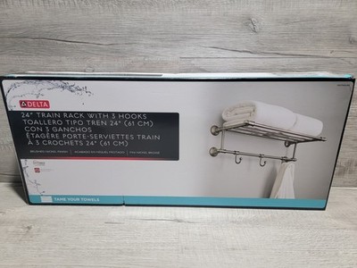 NEW Delta 24 in. W Towel Shelf with 3-Towel Hooks in Brushed Nickel HEXTN32-BN