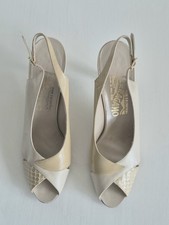 Salvatore Ferragamo Italy Two-Tone Cream Tan Leather Open Toe Slingback Heels