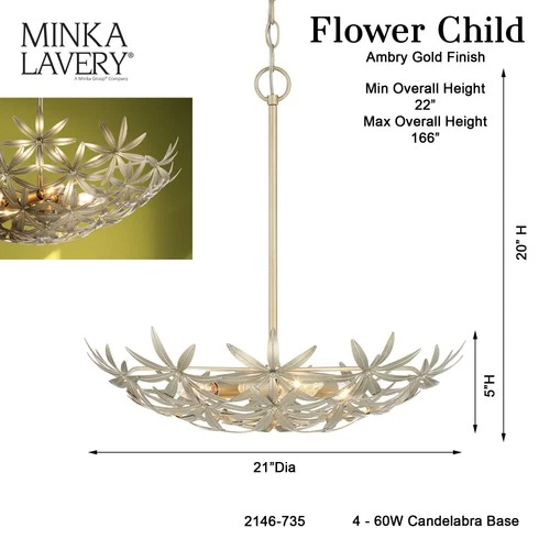 Minka Lavery 2146 Flower Child 4 Light 21"W Bowl Pendant - Ambry Gold - Picture 8 of 12
