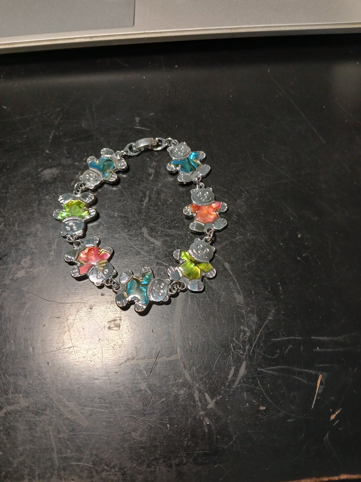 Silvertone Link Bracelet Featuring Enamel Painted Multicolored Teddybear Charms