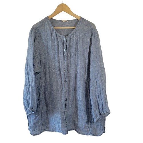 EILEEN FISHER Blue 100% Linen Button Front LS Tunic 1X Pocket Neutral Lagenlook
