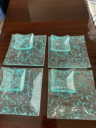 Suno Turquoise Speckled Glass Appetizer Plate w/Dip Condiment Bowl – Set of 4 - Picture 7 of 14