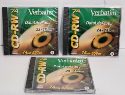 Verbatim CD-RW 74 DataLifePlus 2X-4X Speed 650 MB New Sealed lot of 3