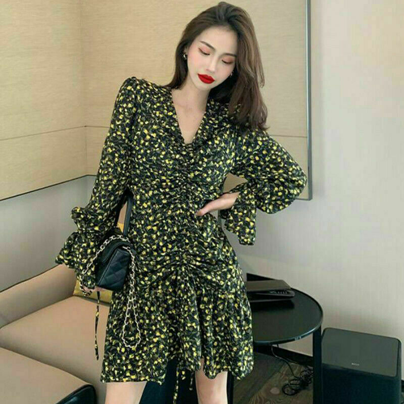 Women Floral V Neck Dress Drawstring Long Ruffle Sleeve Pleated Pullover Chic