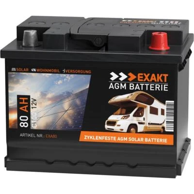 EXAKT BATTERIEN AGM Solarbatterie 80Ah 12V Wohnmobil Versorgung Boot Solar Batterie Gel Akku