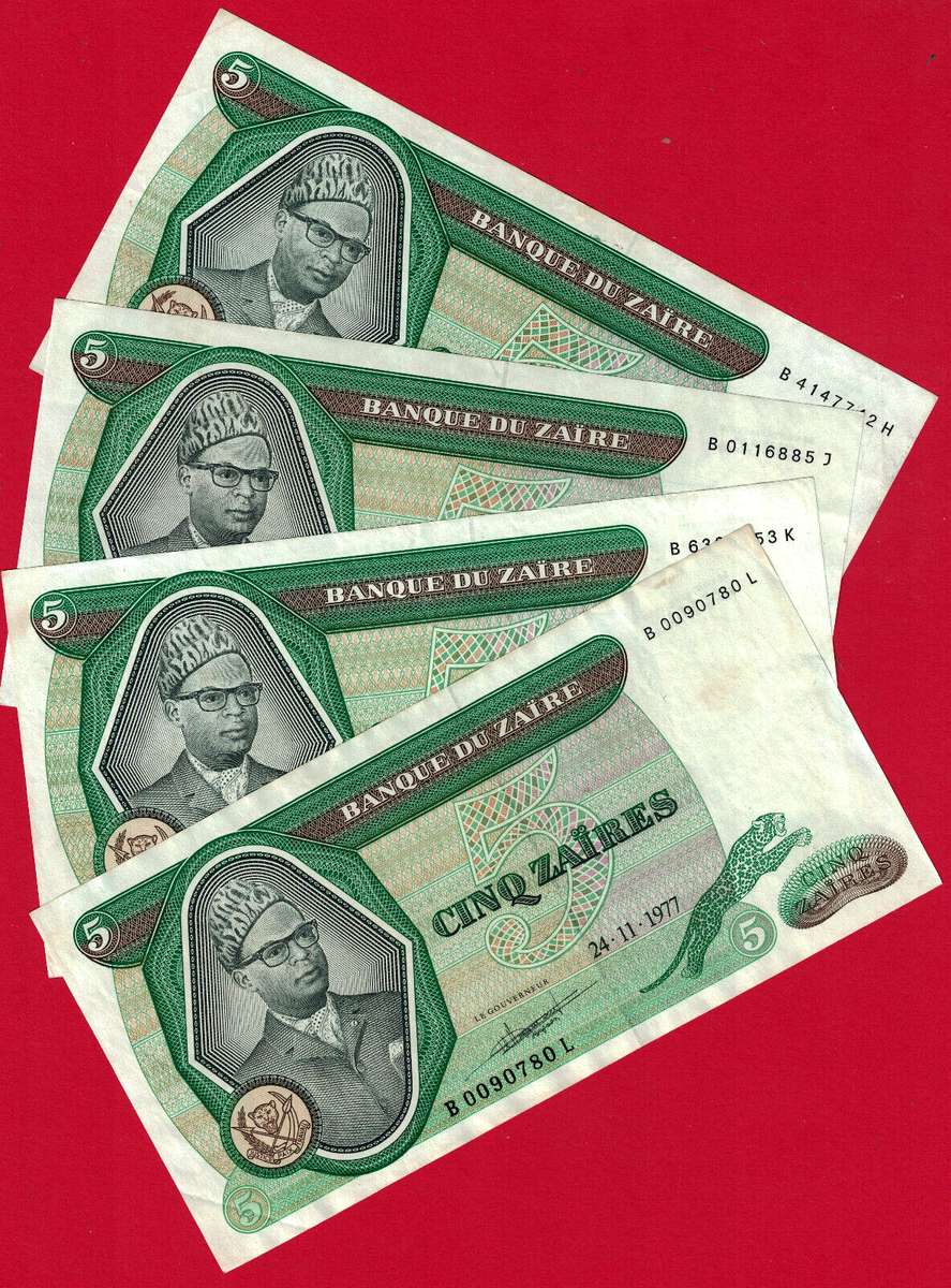 SCARCE 5 ZAIRES 1977 CIRCULATED NOTE (F-VF) Pick-21b, Prefix B