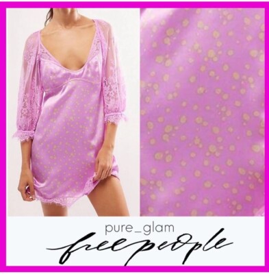 free people pink polka dot dress Free People About That Mini Dress Sz M Pink Polka Dot Satin Lace Party New