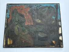 LARGE ABSTRACT PAINTING 1960'S SIGNED J FISHER EXPRESSIONIST 2 FIGURES VINTAGE