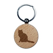 Fluffy Cat Solid Engraved Wood Round Keychain Tag Charm
