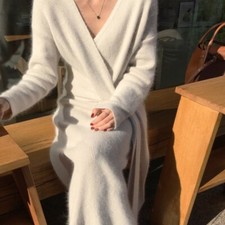 Women's V Neck Knitted Wool Belted Cashmere Blend Sweater Dress Full Long Dress