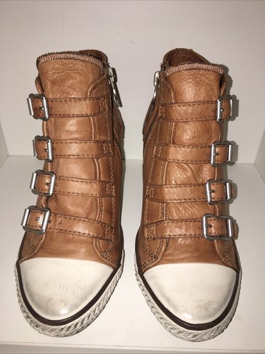 Limited A by A.S.H. Tan Brown Lambskin wedge buckle Zip sneakers shoes Size 35 - Picture 7 of 12