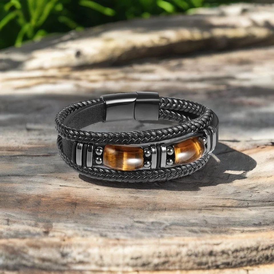 Pulsera Ojo de Tigre Cuero Negro Hombres Energía Cristal Piedra Curación Reiki Regalo Foto 2 de 4