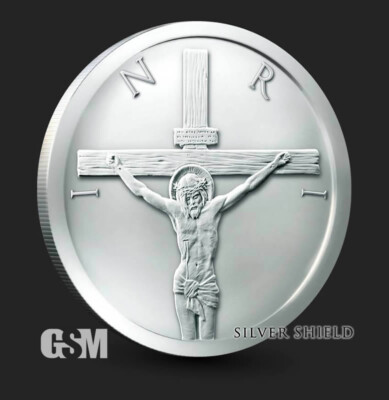 Jesus Christ Crucifixion INRI Silver Shield 1oz .999 Fine Silver