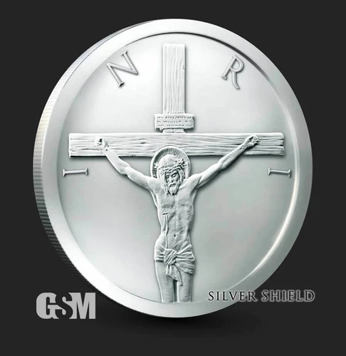 Jesus Christ Crucifixion INRI Silver Shield 1oz .999 Fine Silver Round GSM