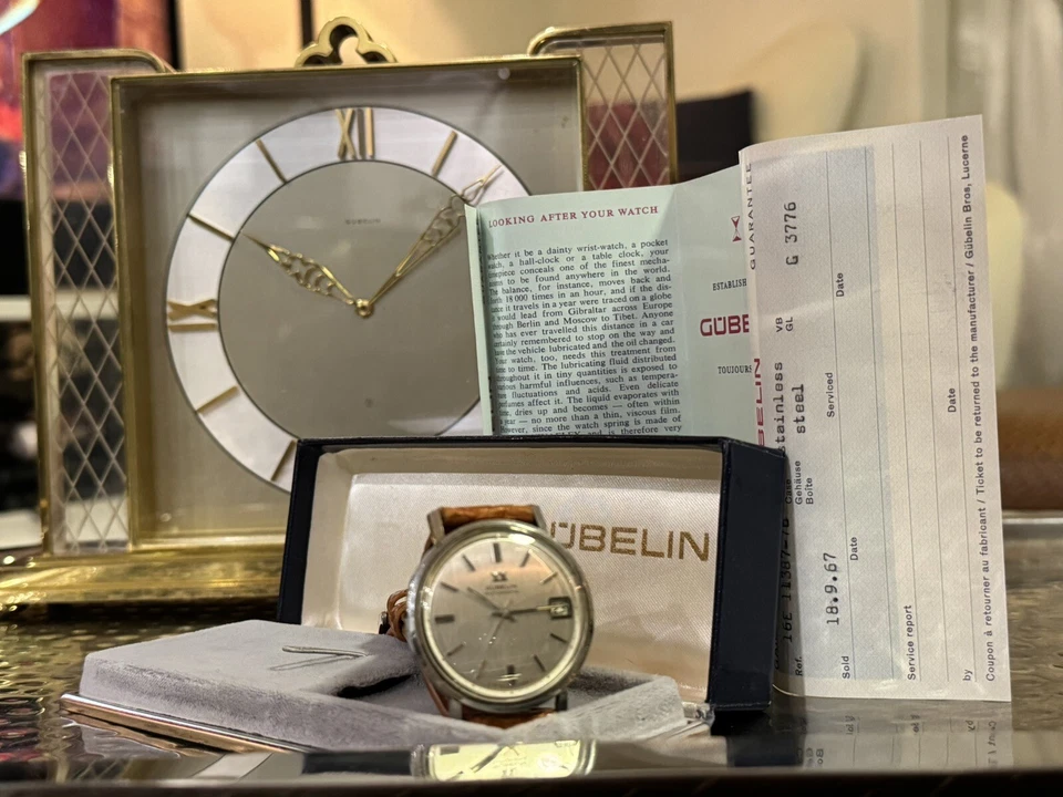 GÜBELIN 1967 “Double HourGlass Edition” 37 mm fecha automática reloj caja/papel! Foto 3 de 4