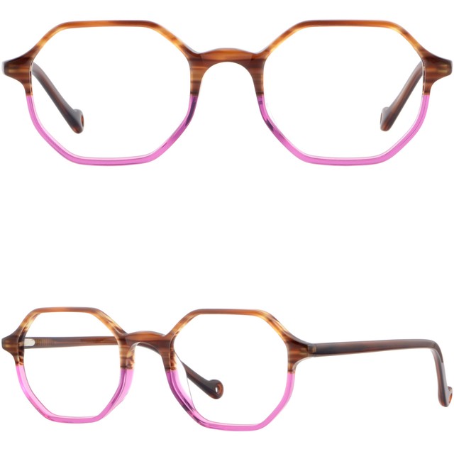 Brown Pink Geometric Glasses Acetate Women's Hex Eyeglass Glasses