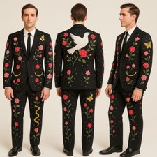Men Black 2Pc Western Floral Pigeon Butterfly Embroidered Rhinestones Cowboy Set