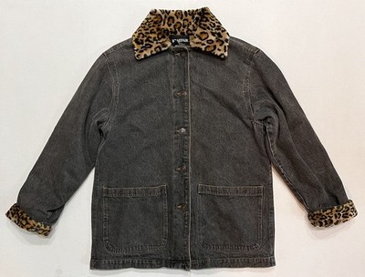 Vintage Braefair Y2K Leopard Faux Fur Trim Lined Denim Button Up Heavy Jacket M