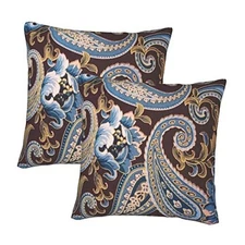 Set of 2 Throw Pillow Covers Blue Floral Brown Spirals Vintage Paisley Case 