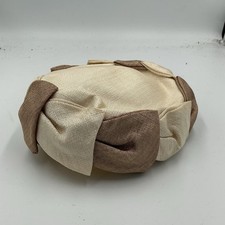 50s 60s VINTAGE Ivory Brown Sinamay Pillbox Hat Cocktail Petal Trim Size 7 3/8