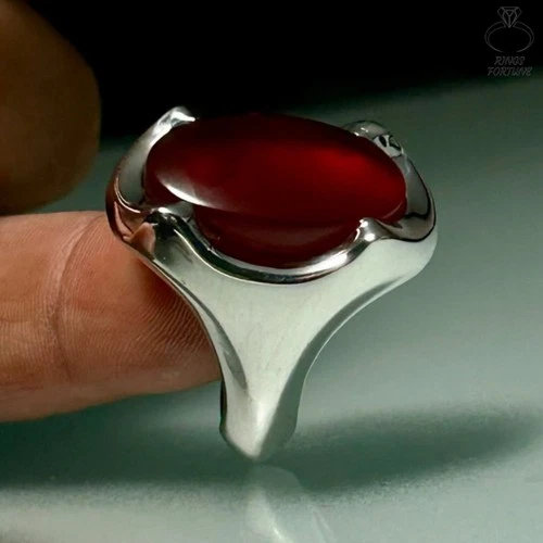 Authentic Red Blood Yemeni Aqeeq Ring 925 Sterling Silver Handmade Men’s Jewelry